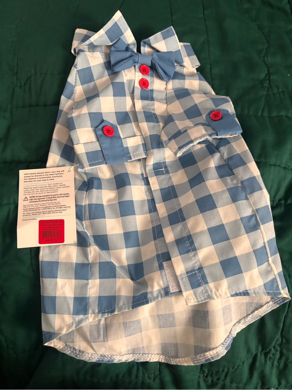 Blue and White Gingham Dog Shirt Dress with Bow